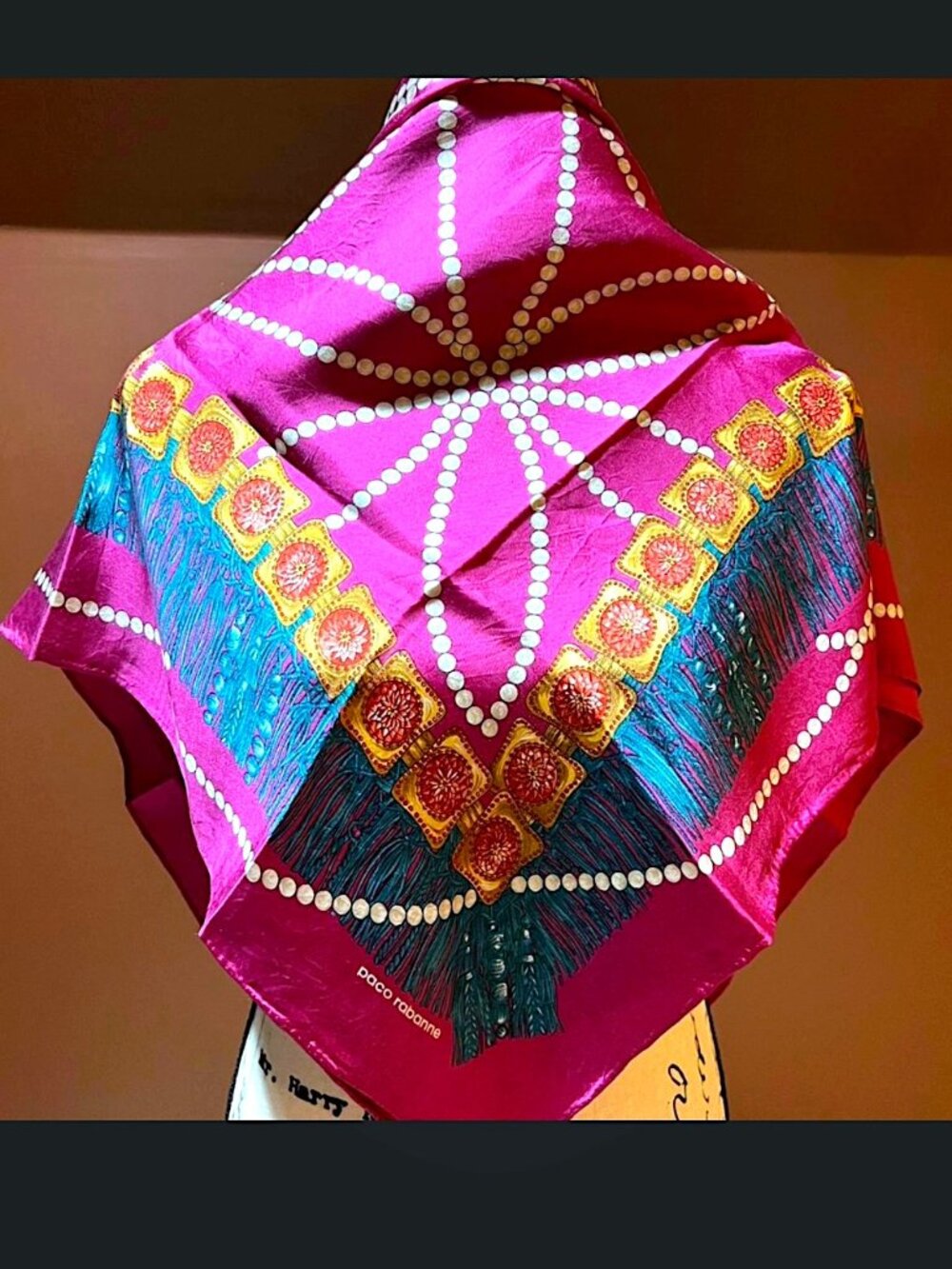 Excellent Archival Paco Rabanne 1990s Pearl & Jewel Silk Scarf